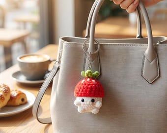 Crochet Mushroom Keychain, Red White Bag Charm, Silver Key Ring