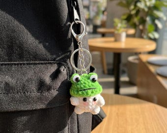 Crochet Frog Cloud Keychain, Green Animal Bag Charm With Silver Ring Clip