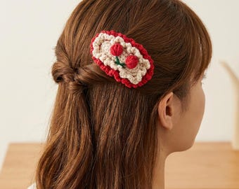 Cherry Crochet Hair Clip, Red and Cream Fruit Hair Barrette for Girls