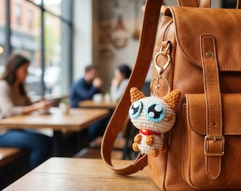 Crochet Cat Keychain, Big Blue Eyes, Animal Bag Charm, Purse Accessory