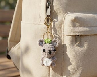 Crochet Koala Keychain Gray Animal Bag Charm with Green Bow and Gold Clasp
