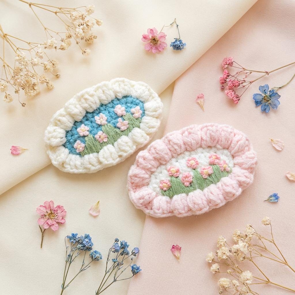 Crochet Flower Hair Clip Pink Oval Barrette for Girls Floral Hair Accessory