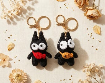 Black Cat Bag Charm Keychain Crocheted Figure with Gold Tone Clasp
