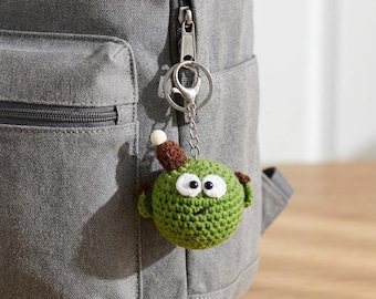Crochet Green Monster Keychain, Round Plush Bag Charm with Silver Key Ring