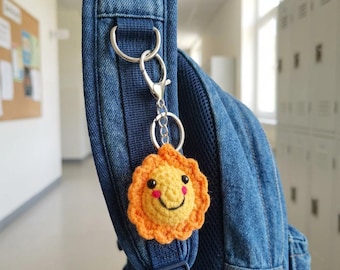 Smiling Crochet Sunflower Keychain Charm, Yellow Orange Bag Accessory