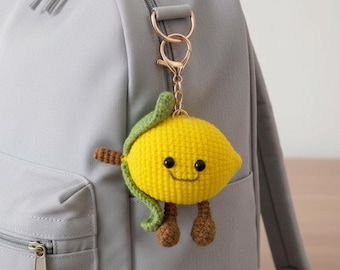 Crochet Lemon Keychain, Yellow Fruit Bag Charm with Smiling Face, Green Leaf Detail