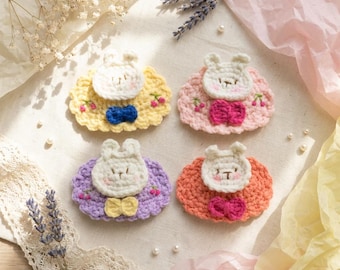 Crochet Bunny Hair Clip, Yellow Oval Barrette with Blue Bow for Girls