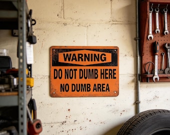 May include: A rectangular metal sign with a distressed orange and black finish. The sign features the text WARNING in black on an orange background, followed by the black text DO NOT DUMB HERE and NO DUMB AREA on an orange background.