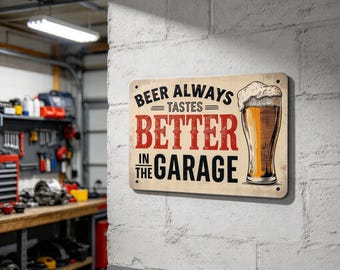 May include: A rectangular metal sign with a beige background featuring a graphic of a beer glass with foam. The text reads BEER ALWAYS TASTES BETTER IN THE GARAGE in black and red lettering. The sign has four small holes for mounting.