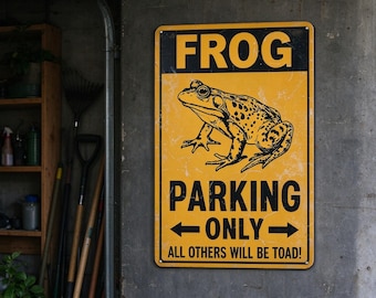 May include: A rectangular metal sign with a yellow background and black text. The sign features a black illustration of a frog and the text: FROG PARKING ONLY, with arrows pointing left and right, and the phrase ALL OTHERS WILL BE TOAD!