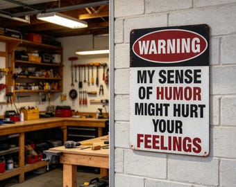 May include: A rectangular metal sign mounted on a white brick wall. The sign features a red oval with the word WARNING in white text. Below, black and red text reads: MY SENSE OF HUMOR MIGHT HURT YOUR FEELINGS. The sign has a distressed finish.