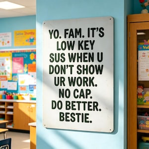 May include: A rectangular white metal sign with rounded corners and black text that reads: YO. FAM. IT'S LOW KEY SUS WHEN U DON'T SHOW UR WORK. NO CAP. DO BETTER. BESTIE. The sign is mounted on a light blue wall in a classroom setting.