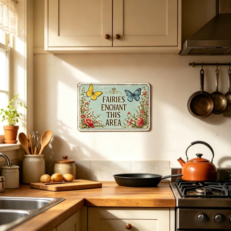May include: A rectangular metal sign with the text "FAIRIES ENCHANT THIS AREA" and illustrations of a yellow and blue butterfly, surrounded by red and pink flowers. The sign is mounted on a light-colored wall in a kitchen setting.