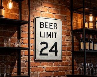 May include: A rectangular metal sign with a white background and black text that reads BEER LIMIT 24. The sign is mounted on a red brick wall between two black metal shelving units containing glass bottles and clear drinking glasses.