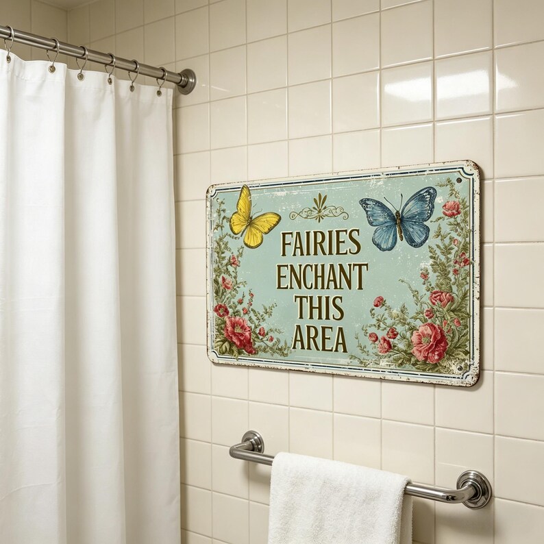 May include: A rectangular metal sign with a light blue background, featuring a yellow and a blue butterfly, surrounded by floral elements. The sign reads "FAIRIES ENCHANT THIS AREA" in brown text. The sign is mounted on a tiled wall.