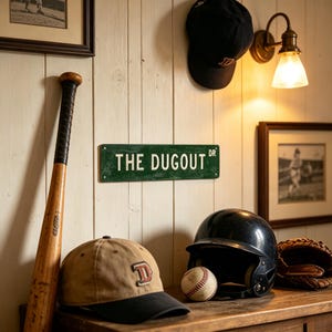Peut inclure: Une plaque de rue rectangulaire en métal vert avec le texte blanc THE DUGOUT DR, accompagnée d'une batte de baseball en bois, d'une casquette beige et noire, d'un casque de frappeur noir, d'une balle et d'un gant de baseball en cuir marron.