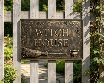 May include: A rectangular bronze-toned metal sign with a distressed finish featuring the embossed text "WITCH HOUSE" in the center. The sign includes a raised relief of a broomstick and a small cauldron, framed by delicate vine motifs.