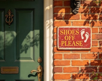 May include: A rectangular metal sign with a distressed red finish mounted on a red brick wall. The sign features yellow text that reads SHOES OFF PLEASE and includes a white graphic illustration of two bare footprints on the right side.