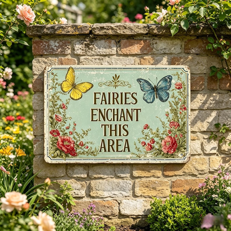 May include: A rectangular metal sign with the text "FAIRIES ENCHANT THIS AREA" in a vintage style. The sign features a yellow butterfly and a blue butterfly, with floral accents. The sign is mounted on a brick wall, surrounded by flowers and greenery.