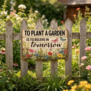 Può includere: Un cartello rettangolare in legno con sfondo color crema che riporta il testo nero TO PLANT A GARDEN IS TO BELIEVE IN tomorrow. Il cartello è decorato con illustrazioni colorate di vari fiori di campo e due farfalle rosa e blu.