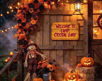 May include: A wooden porch decorated for Halloween with a floral wreath, a scarecrow figure, and carved jack-o'-lanterns. A rectangular sign on the wall features the text Welcome to Camp Crystal Lake in red, dripping-style lettering.