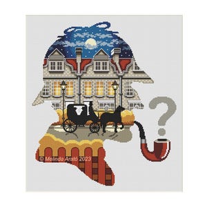 May include: A cross-stitch design featuring a silhouette of a detective's head with a pipe, a question mark, and a nighttime cityscape. The design includes a horse-drawn carriage, street lamps, and a full moon. The artist's name and year are at the bottom.