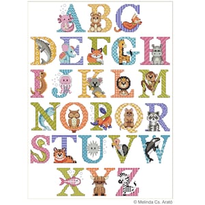 May include: Cross-stitch alphabet sampler featuring each letter of the alphabet with a corresponding animal illustration. The letters are in various colors, and the animals include a bear, fox, giraffe, and tiger. The design is on a white background.