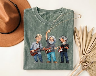 Camiseta de la banda Grateful Dead con Jerry Garcia en estilo caricatura, camiseta retro de rock psicodélico vintage para fans.