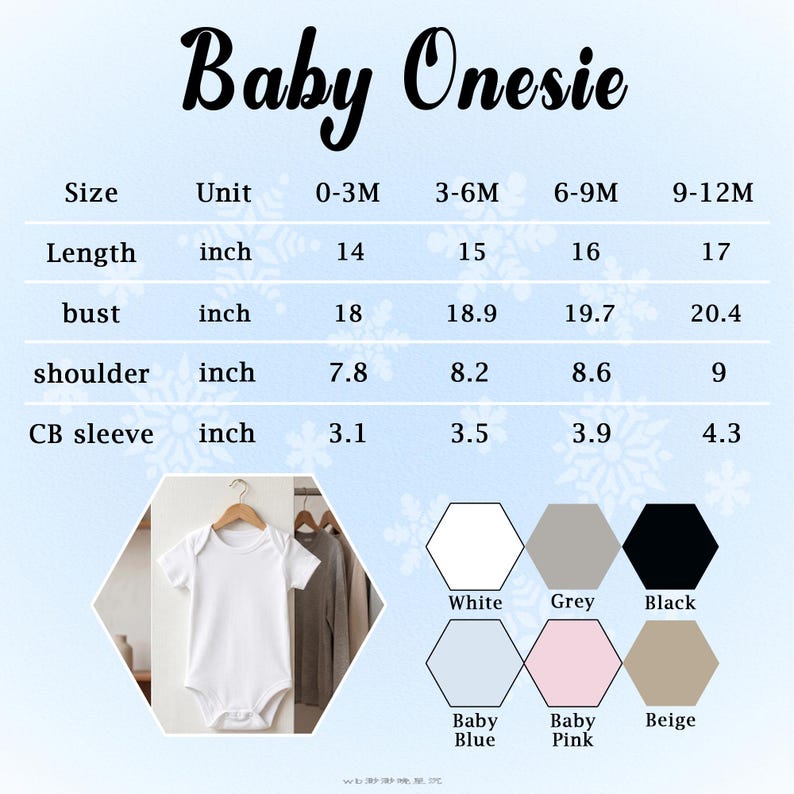 Op de afbeelding: Een maattabel voor een baby-rompertje met afmetingen in inches voor lengte, borstomvang, schouders en mouwen voor vier leeftijdscategorie&euml;n. Het toont een wit rompertje op een hanger en zes kleurstalen: wit, grijs, zwart, babyblauw, babyroze en beige.