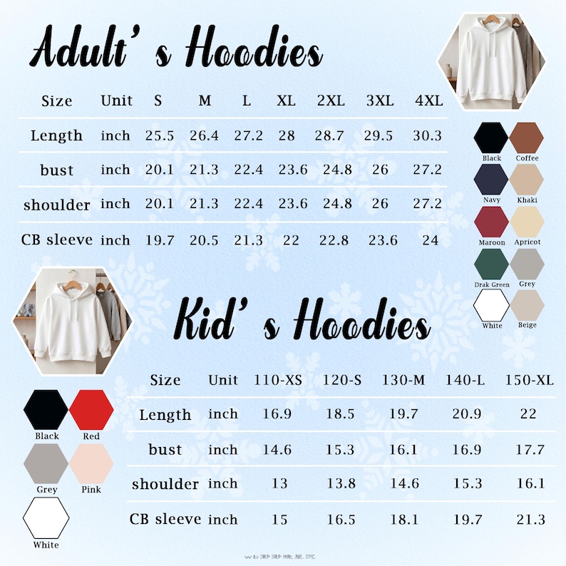 Op de afbeelding: Een maattabel voor hoodies voor volwassenen en kinderen met twee tabellen met afmetingen in inches. De tabel bevat kolommen voor de maten S tot 4XL voor volwassenen en 110-XS tot 150-XL voor kinderen, naast kleurstalen voor beschikbare opties.