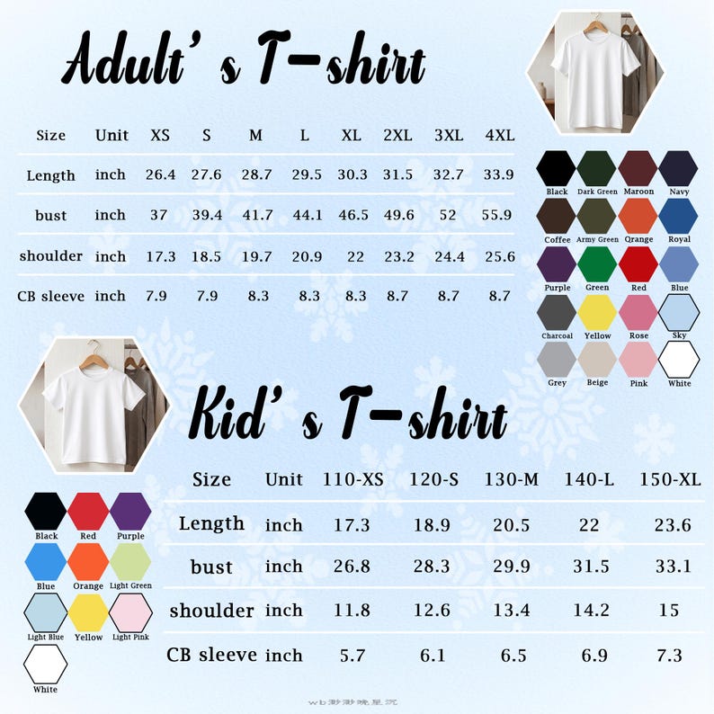 Op de afbeelding: Een maattabel voor t-shirts voor volwassenen en kinderen met twee zeshoekige afbeeldingen van witte t-shirts. De tabel toont lengte, borstomvang, schouderbreedte en mouwlengte in inches voor maten XS tot 4XL en 110 tot 150, inclusief kleurstalen.