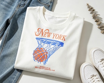 Camiseta con estampado de aro de baloncesto de Nueva York, camiseta retro para fans del baloncesto de la ciudad de Nueva York, camiseta con el logo del baloncesto de Nueva York