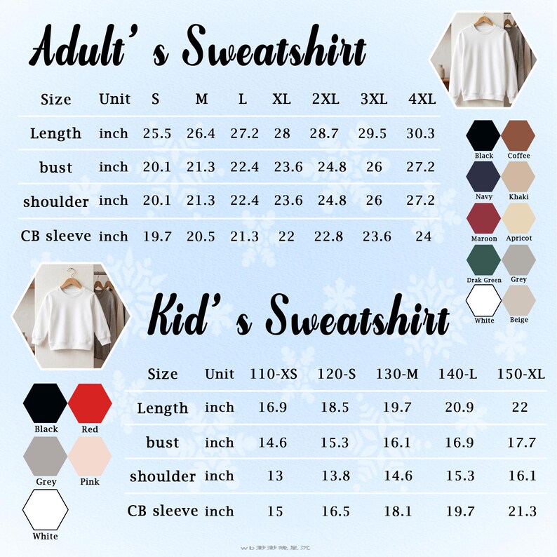 Op de afbeelding: Een maattabel voor volwassen en kinder sweatshirts met tabellen voor lengte, borstomvang, schouderbreedte en mouwlengte in inches. De afbeelding bevat foto's van witte sweatshirts en kleurstalen voor zwart, koffie, marine, kaki, bordeaux, abrikoos, donkergroen, grijs, wit, beige, rood en roze.