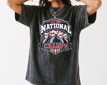 Camiseta gráfica de los Padres Fundadores de los Campeones Nacionales de 1776, camiseta vintage con escudo patriótico y bandera de EE. UU. para el 4 de julio, camiseta patriótica estadounidense divertida