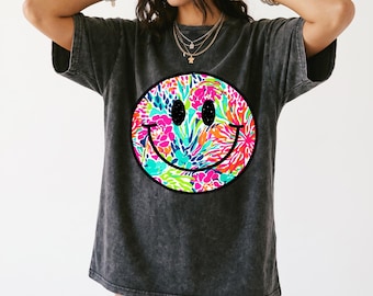 Casual T-shirt met felle tropische bloemen Smile Face, T-shirt met retro bloemenprint, grafisch sweatshirt Happy Face