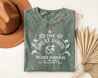 Camiseta vintage de Noah Kahan The Great Divide Call Me When The Bugs Don't Die, camiseta retro de concierto con estampado floral de mariquita y música folk.