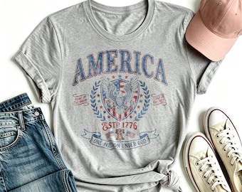 Camiseta con el escudo del águila calva de EE. UU. (EST. 1776), camiseta patriótica vintage "One Nation Under God Liberty Bell", camiseta patriótica del 4 de julio de EE. UU.