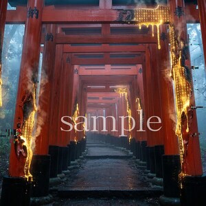 Fond d'écran Cyber Torii Corridor – Art numérique de sanctuaire japonais, esthétique du code binaire, fond d'écran iPhone et ordinateur, style japonais sombre