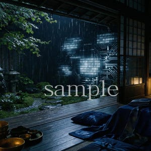 Op de afbeelding: Een serene Japanse interieur met uitzicht op een tuin in de regen. De scène bevat traditionele papieren lantaarns, een houten vloer en een digitale binaire code display. Het woord "sample" is zichtbaar.