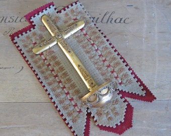 French benitier, unusual gold metal crucifix on embroidered felt background with Holy Water font