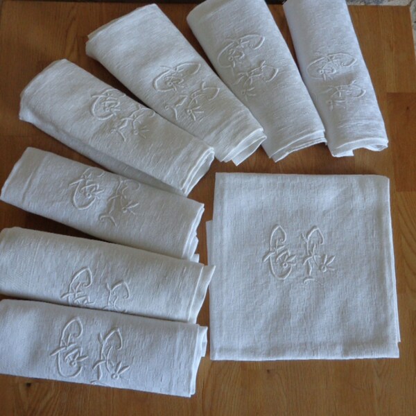 Français serviettes damassées avec monogrammes brodés à la main GF, 8 grandes serviettes en lin vintage