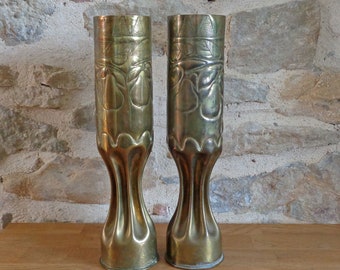 French trench art vases, WWI soldier art brass vases