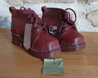 Leather child's wooden soled boots, antique handmade French ski boots, NOS