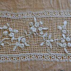 Long lace curtain panel, vintage French handmade filet lace and crochet drape