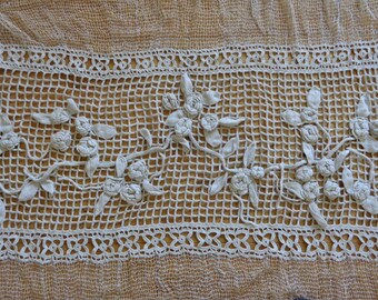 Long lace curtain panel, vintage French handmade filet lace and crochet drape