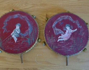 2 antique handpainted silk tambourines with gilded metal frame and bells