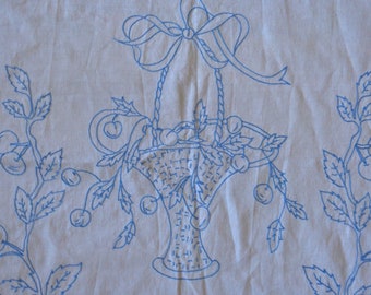 Embroidered curtain panel, French cache torchon kitchen decor with blue birds, basket of cherries