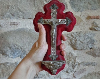 French benitier, red velvet crucifix with Holy Water font