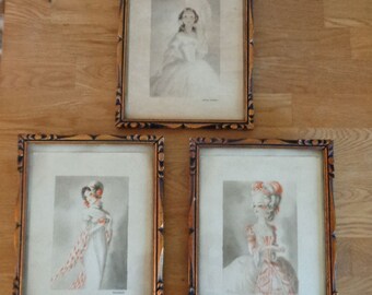 French ladies fashion framed pictures, 3 prints of chic ladies, easel back frames, French fashion history