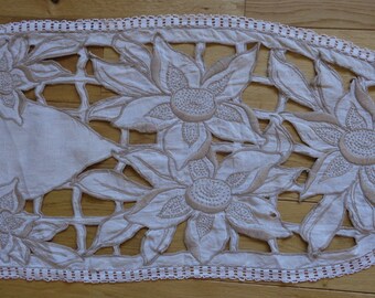 Linen cutwork table runner with large flowers and lace trim, 58 inches long